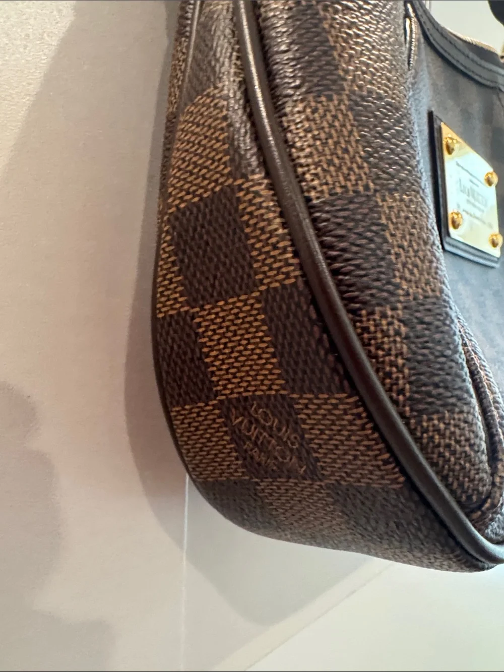 Louis Vuitton Dark Brown Damier Canvas Shoulder Hobo with Gold Plaque